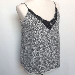 Socialite  Leopard Print Spaghetti Strap Lace Trim Top in M Gray Black